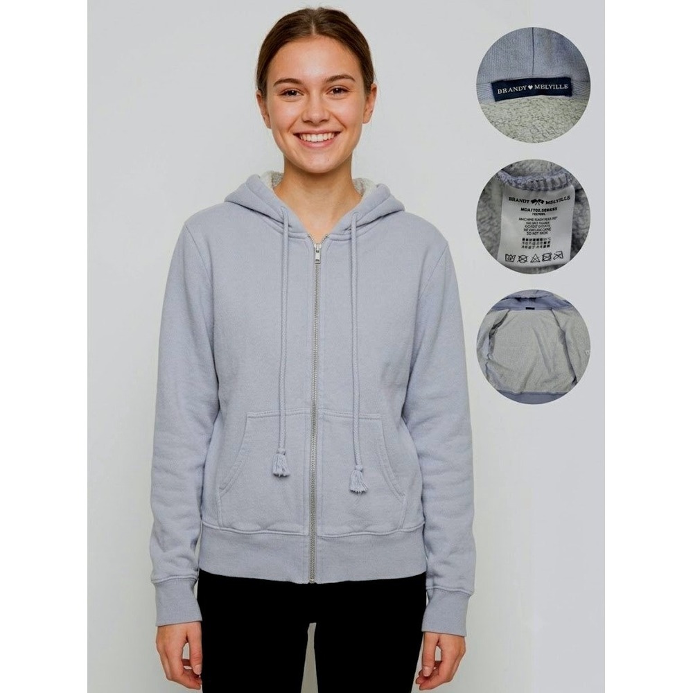 Brandy Melville Womens XS Carla Crop Zip Up Hoodie Gray Periwinkle Sweatshirt